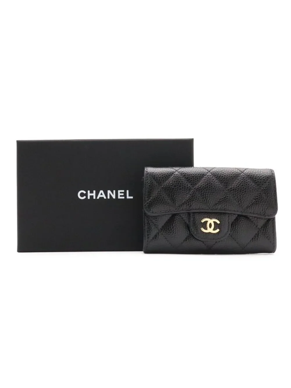 Chanel Quilted Classic Flap Card Case CC Logo Business Caviar Leather Black Gold